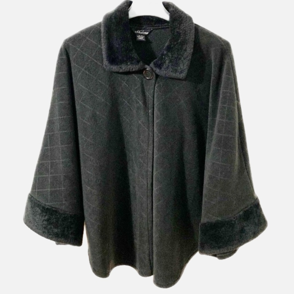 Shanna Diamond Pattern Fleece Cape Faux Fur Trimmed One Button @ Collar One Size